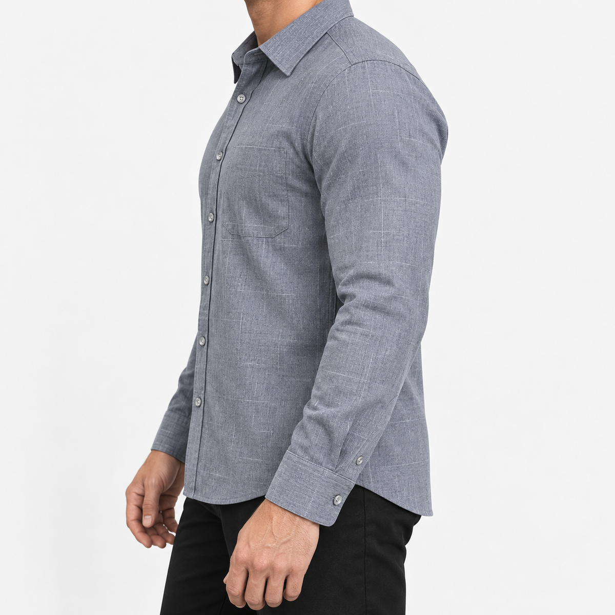 Slim cotton blend shirt with a chest pocket in gray windowpane on a male model side view