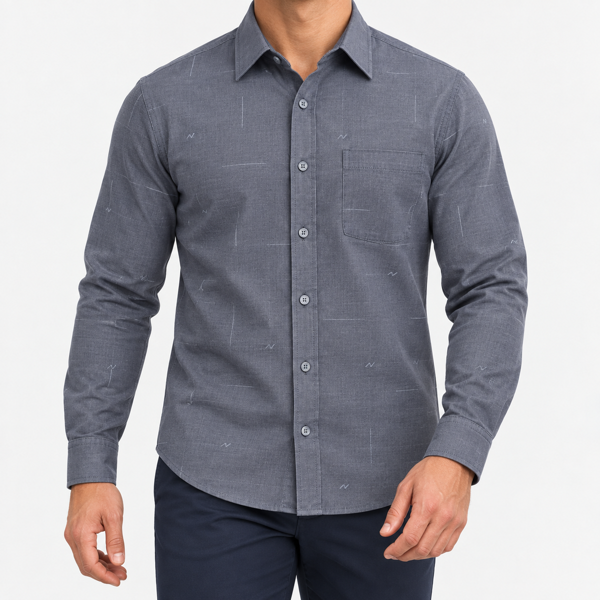 Slim cotton blend shirt with a chest pocket in charcoal patterned on a male model front view