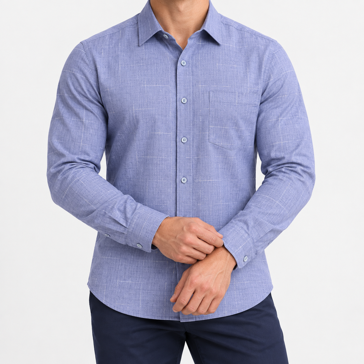 Slim cotton blend shirt with a chest pocket in lavender blue windowpane on a male model front view