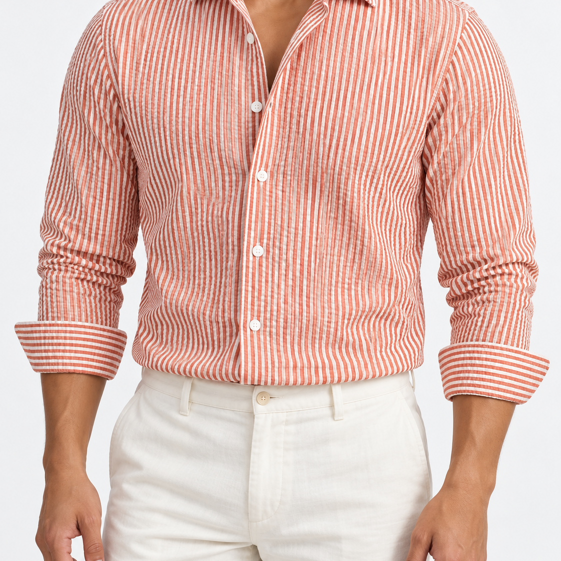 Men’s orange and white striped long-sleeve shirt, size 2XL, front studio view