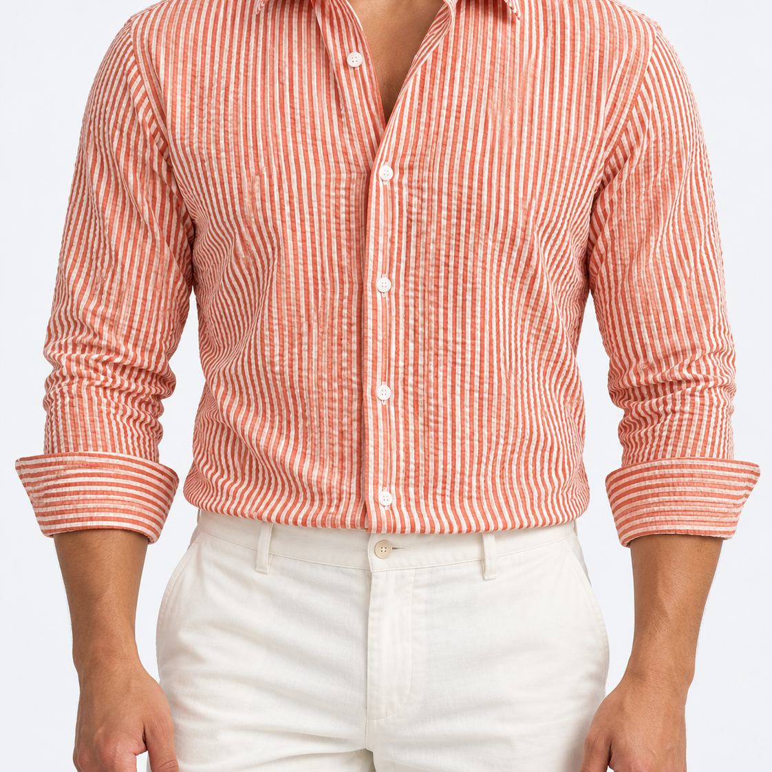 Men’s orange and white striped long-sleeve shirt, size 3XL, front studio view