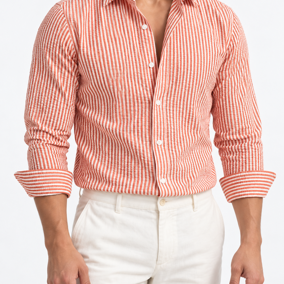 Men’s orange and white striped long-sleeve shirt, size XL, front studio view