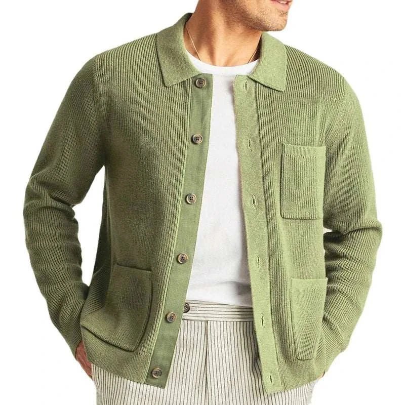 Men's fall vintage cardigan in green with button-up front and pockets.