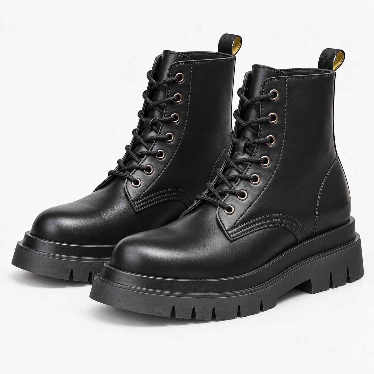 Black leather lace up combat boots in black, product cover