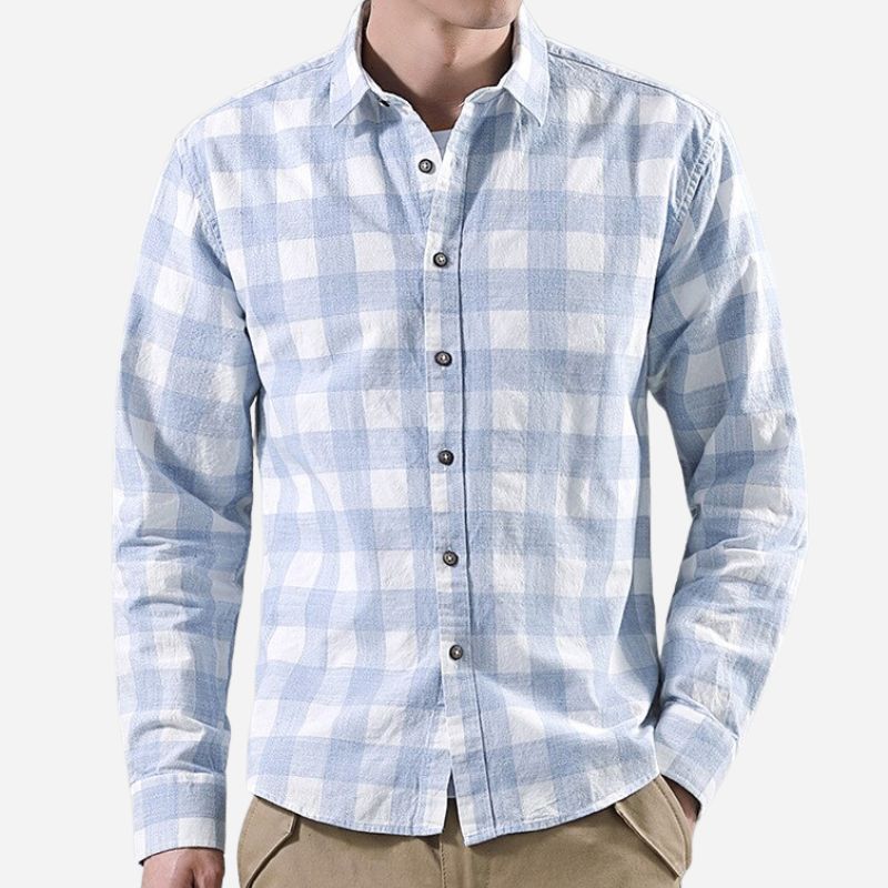 Maurice Plaid Shirt in blue and white, casual smart fit, cotton-linen blend, men's all-season wear.