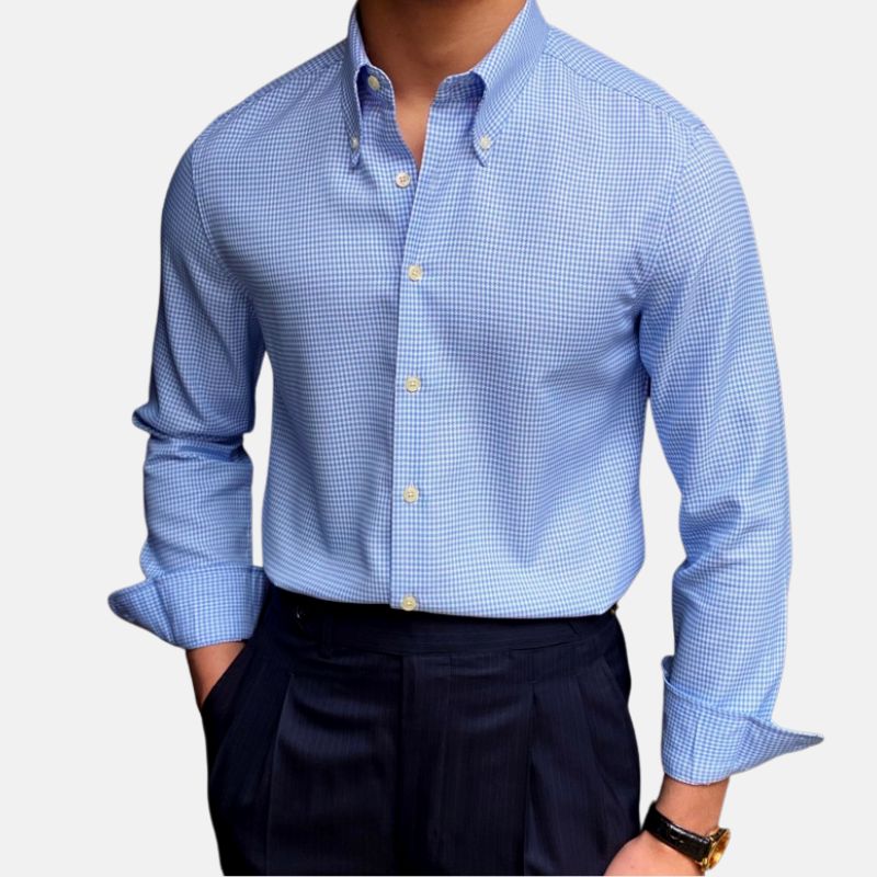 British Blue Plaid Shirt for men, formal style with button placket and classic plaid pattern.