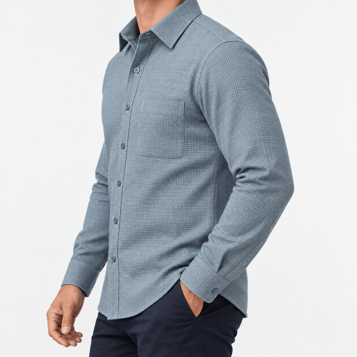 Brushed cotton flannel shirt with a chest pocket - AntoniosClothing - Blue gray microcheck