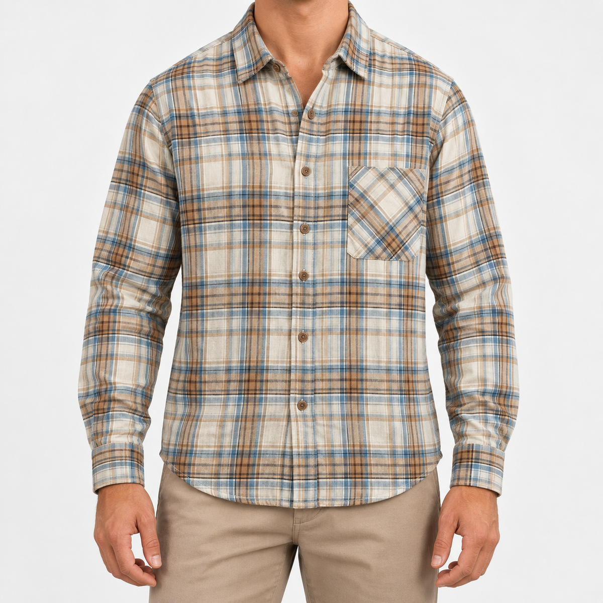 Brushed cotton plaid shirt in beige plaid, front view on a model