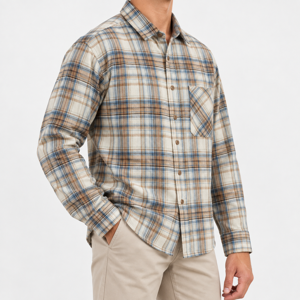 Brushed cotton plaid shirt in beige plaid, side view on a model