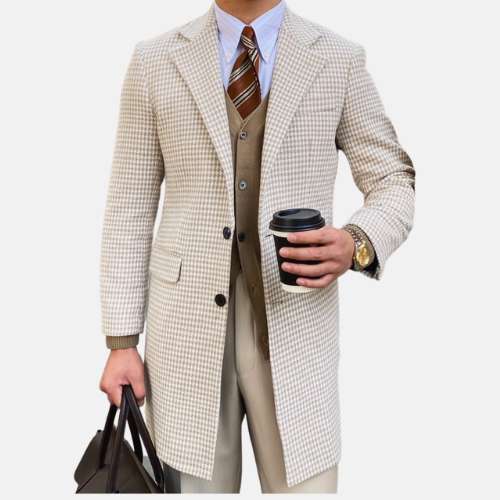 Italian Style Coat in beige checkered pattern, elegant men's fashion.