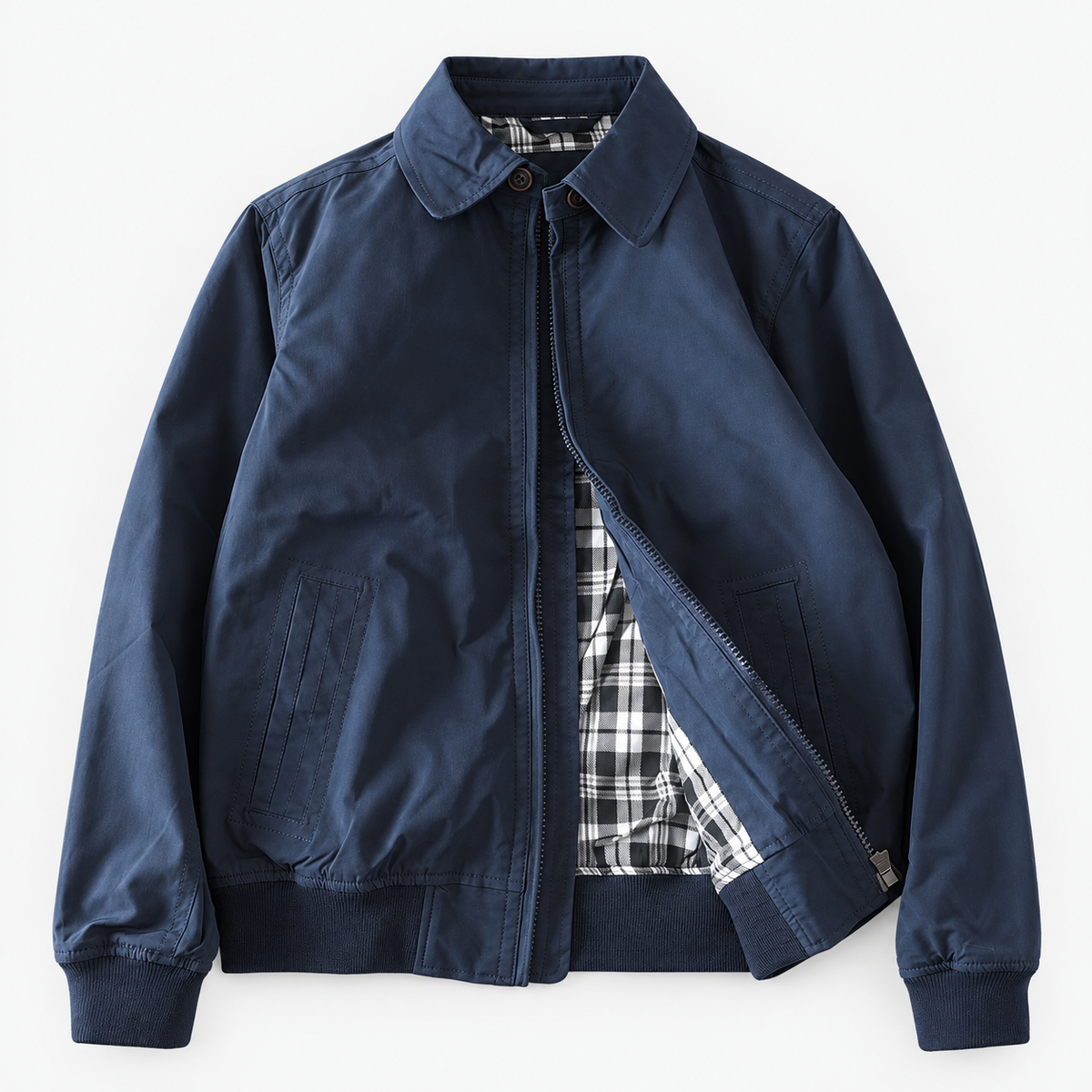 Collared zip jacket with check lining in navy, product cover