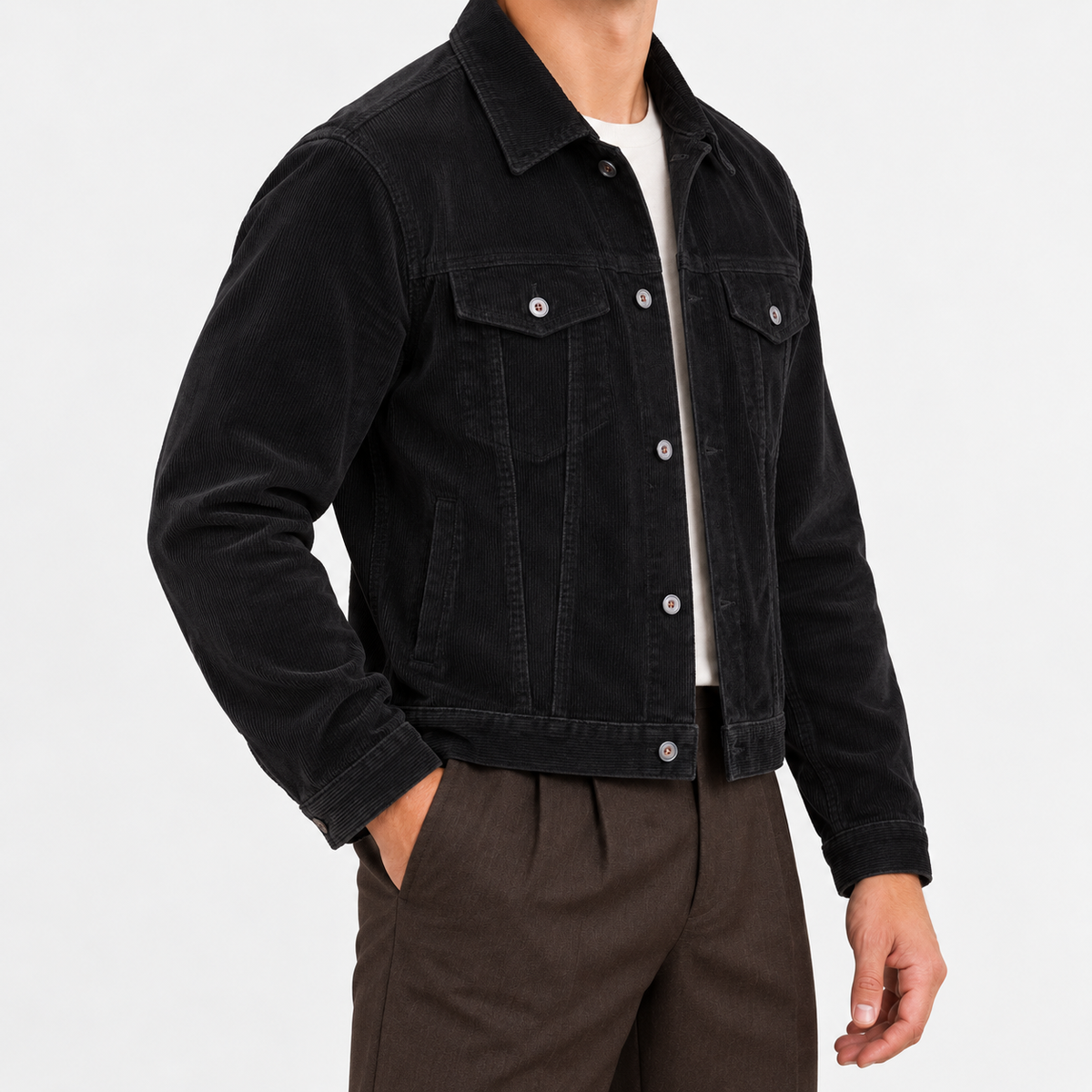 Cotton corduroy trucker jacket in black, side view on a model