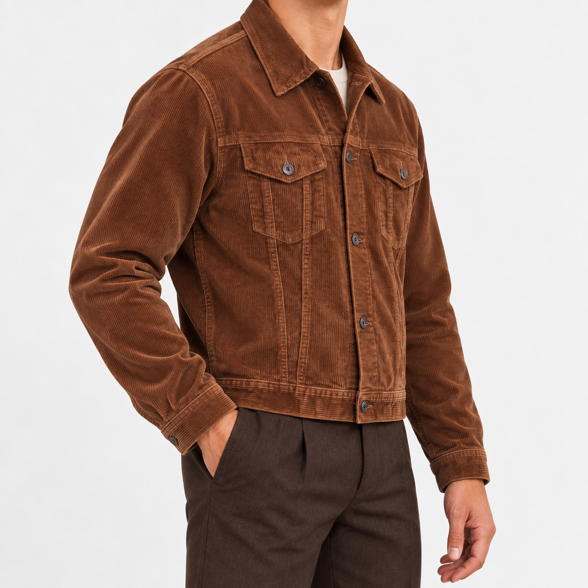 Cotton corduroy trucker jacket in brown, side view on a model
