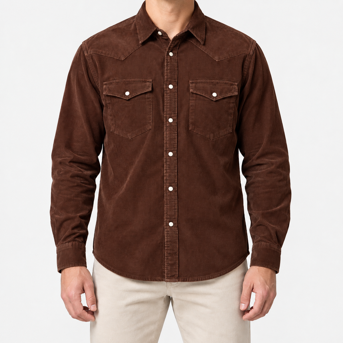 Cotton corduroy western shirt in chestnut, front view on a model