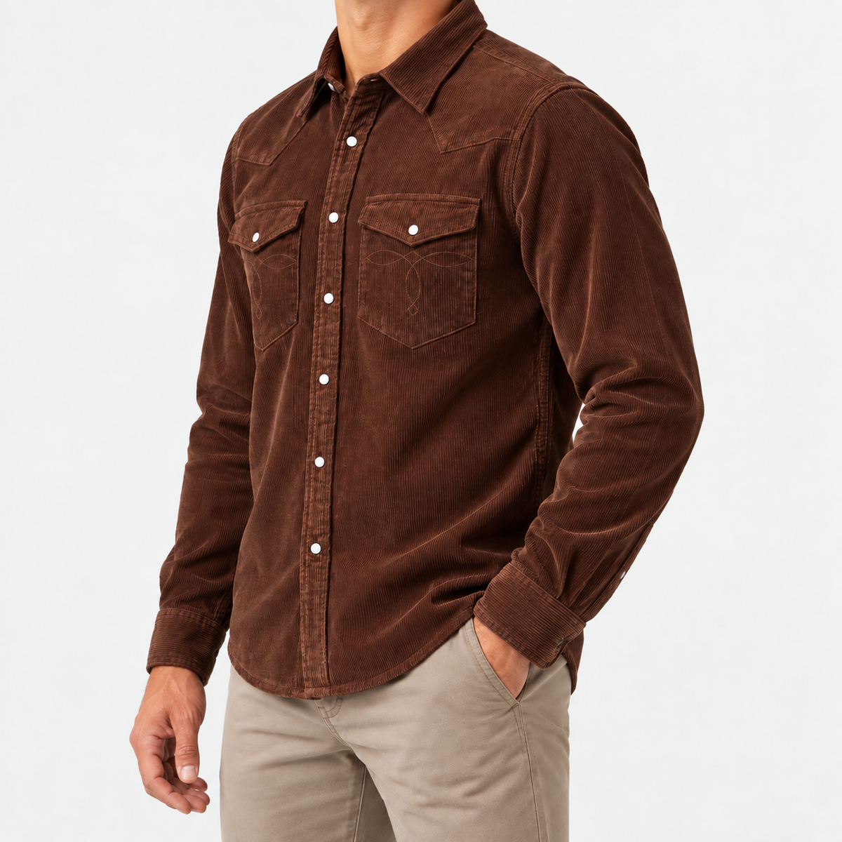 Cotton corduroy western shirt in chestnut, side view on a model