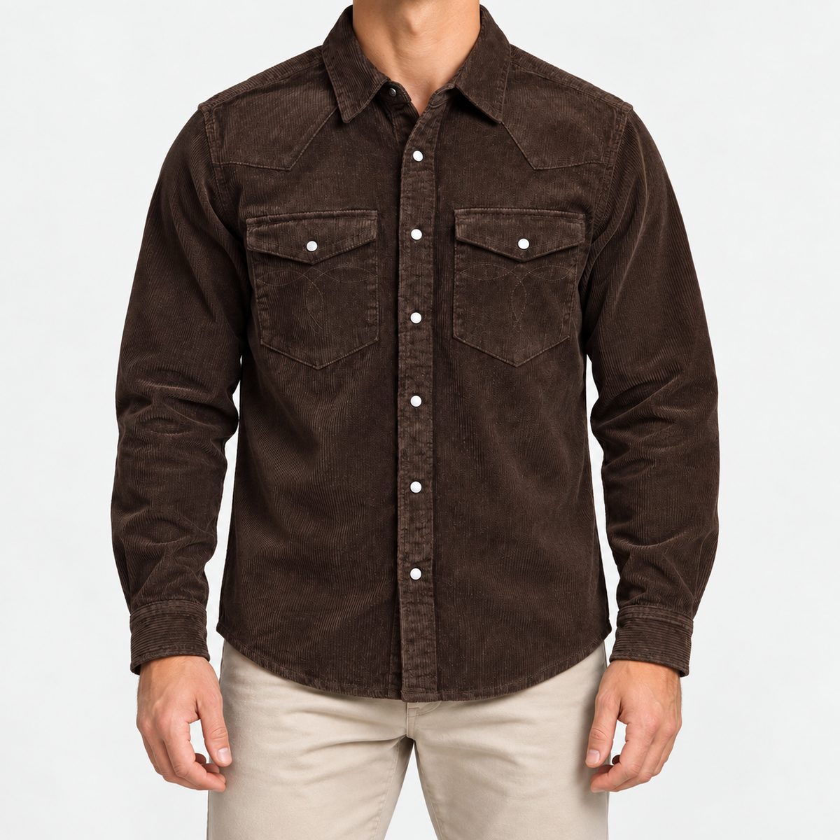 Cotton corduroy western shirt in dark brown, front view on a model