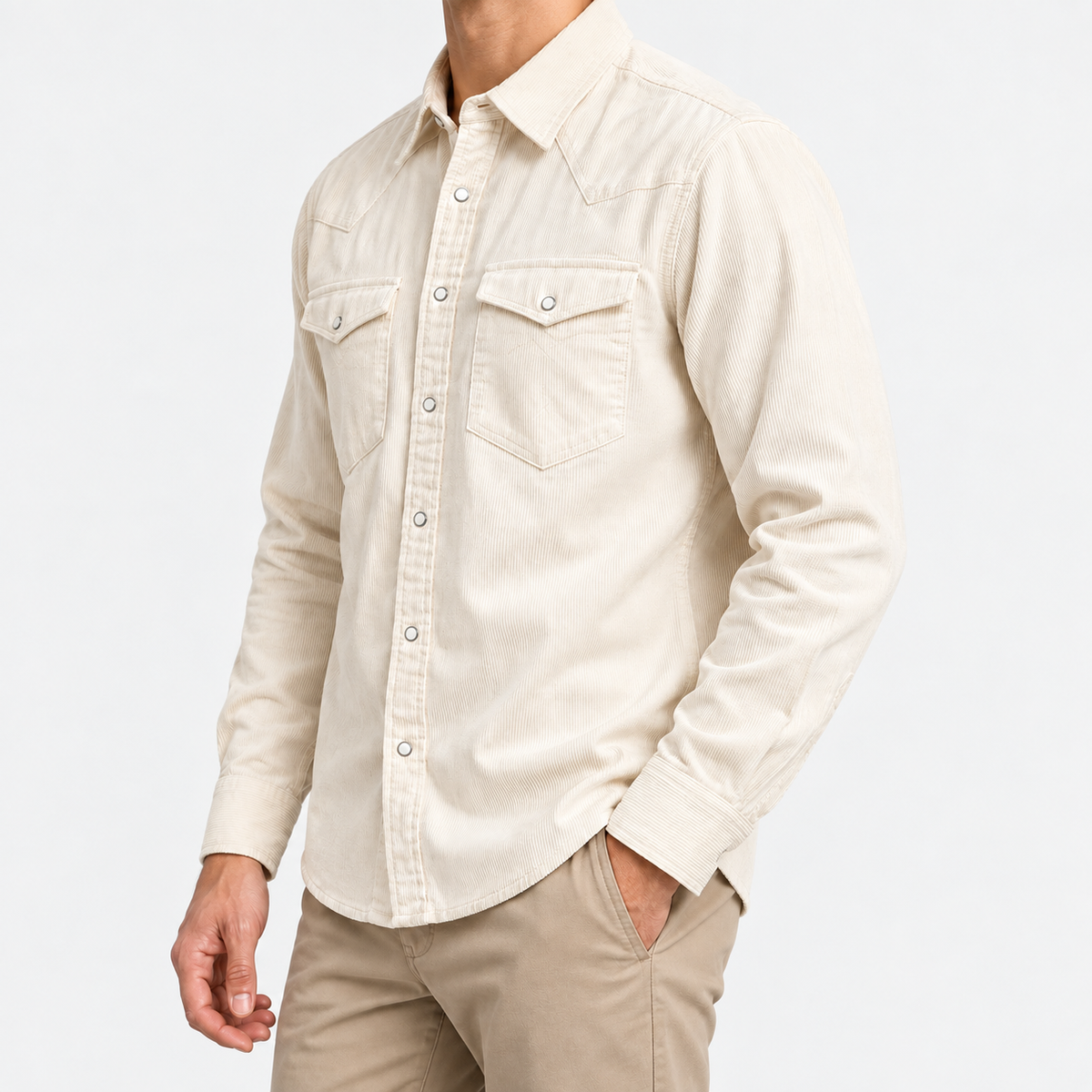 Cotton corduroy western shirt in off white, side view on a model