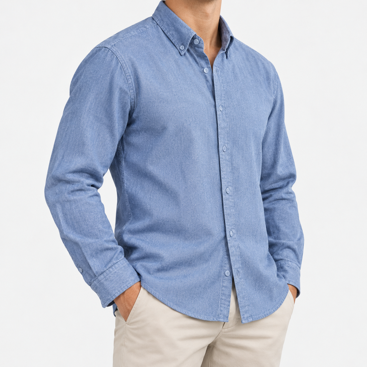 Cotton oxford button down shirt in denim blue, side view on a model
