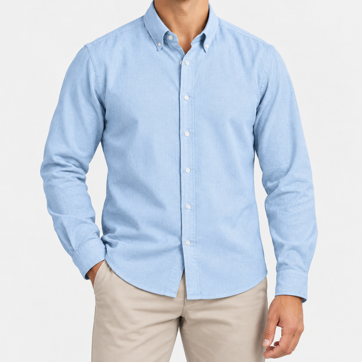 Cotton oxford button down shirt in light blue, front view on a model