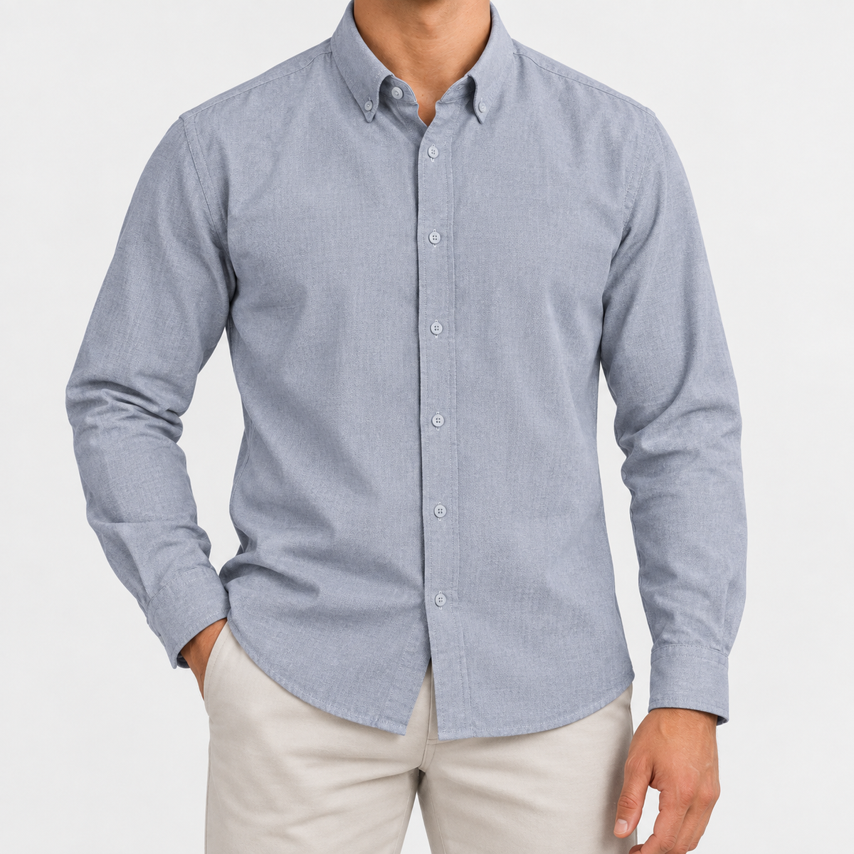 Cotton oxford button down shirt in light gray, front view on a model