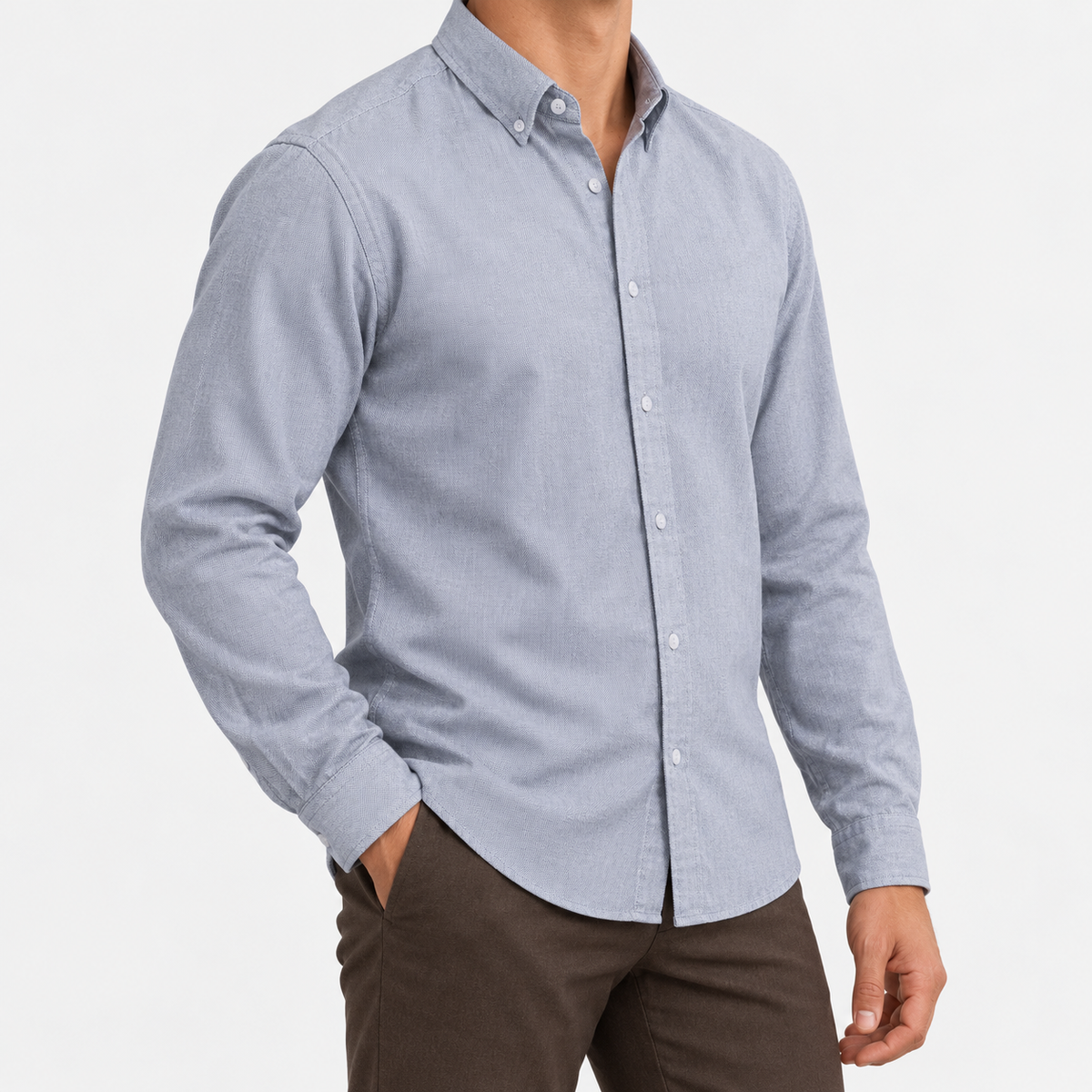 Cotton oxford button down shirt in light gray, side view on a model