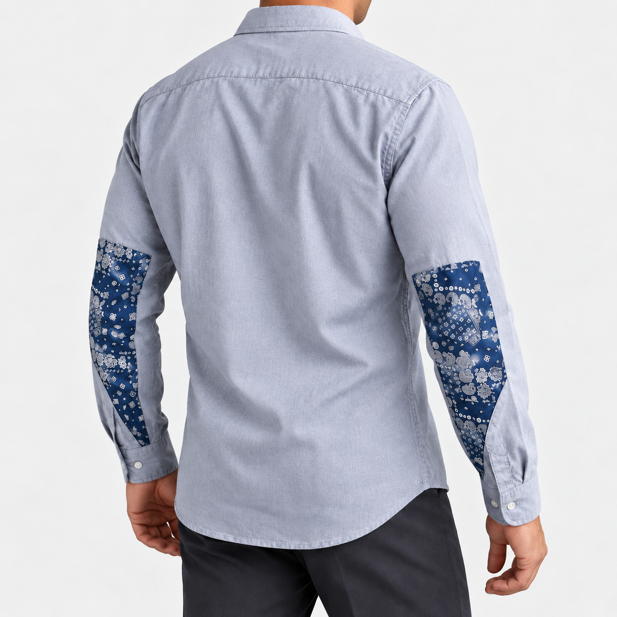 Cotton oxford shirt with paisley sleeve panels in gray, side view on a model