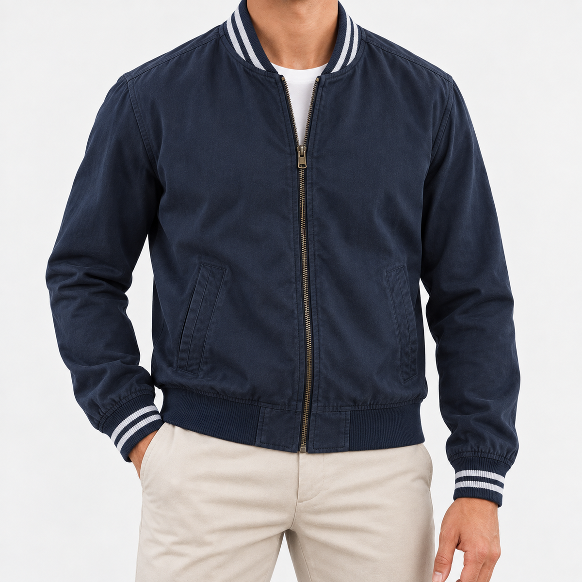 Cotton varsity jacket with striped trim in navy, front view on a model