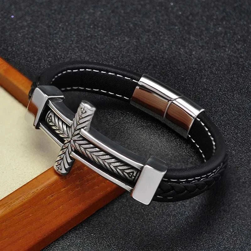 Cross stainless steel leather bracelet - Antonios