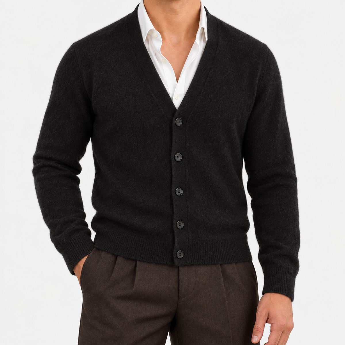 Fine knit cashmere v neck cardigan in black, front view on a model