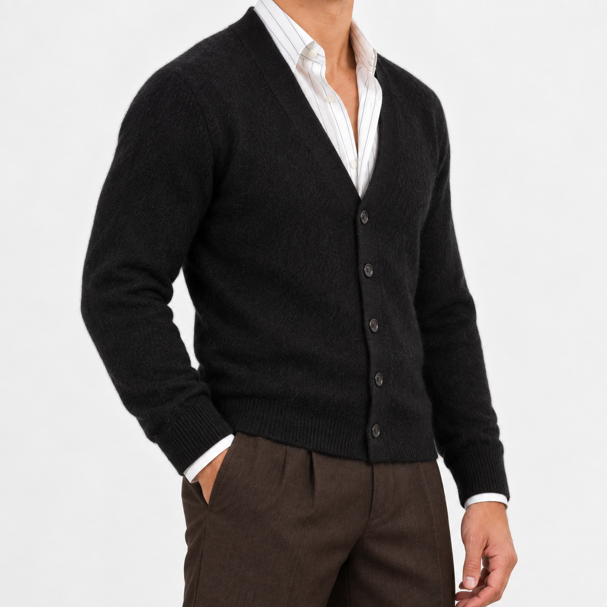 Fine knit cashmere v neck cardigan in black, side view on a model