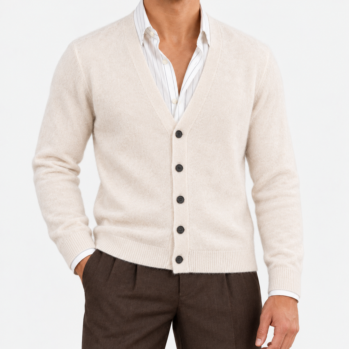 Fine knit cashmere v neck cardigan in cream, front view on a model