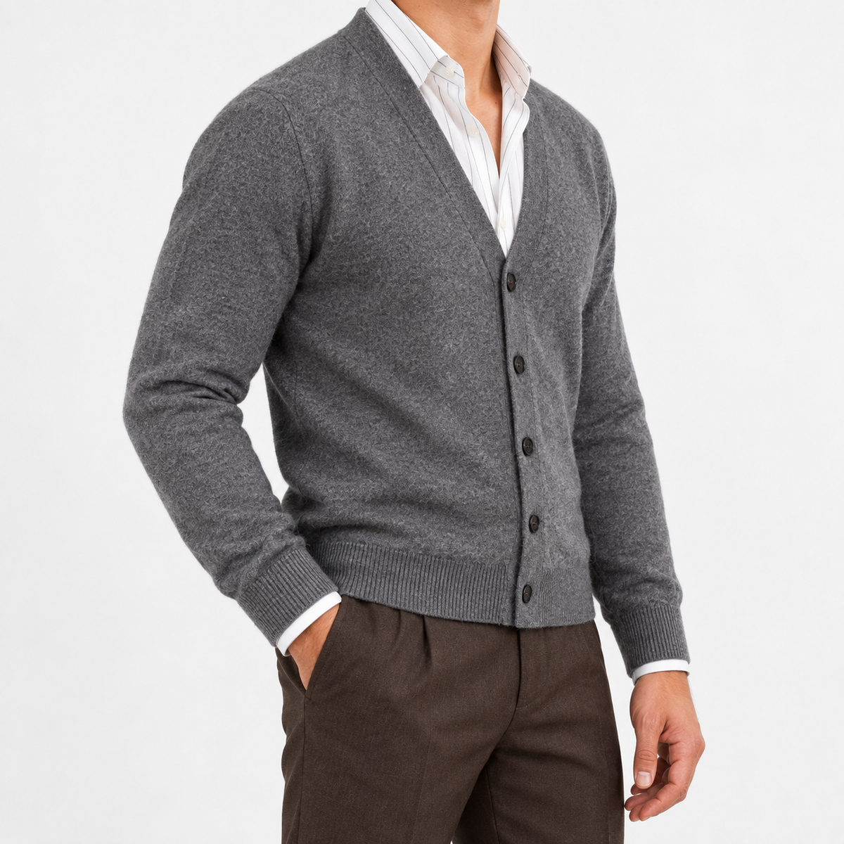 Fine knit cashmere v neck cardigan in dark gray, side view on a model
