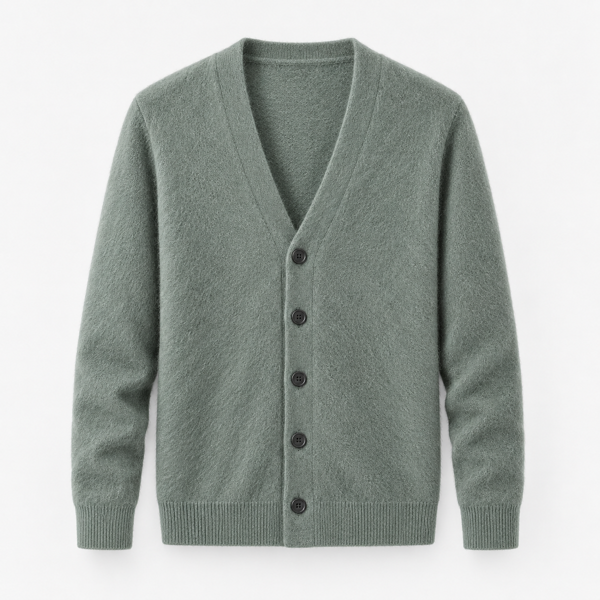 Fine knit cashmere v neck cardigan in sage green, product cover