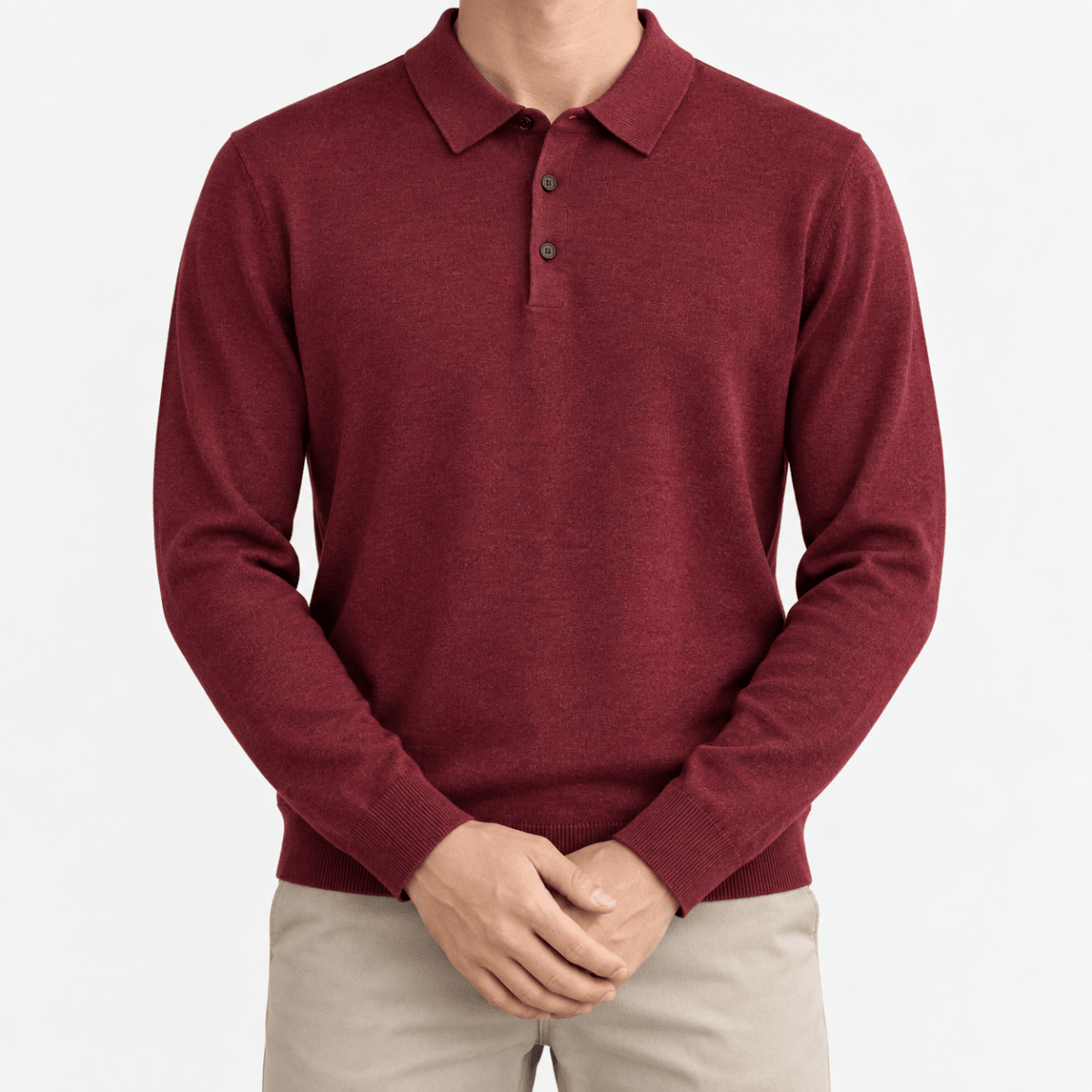 Fine knit long sleeve wool blend polo - AntoniosClothing - Wine red