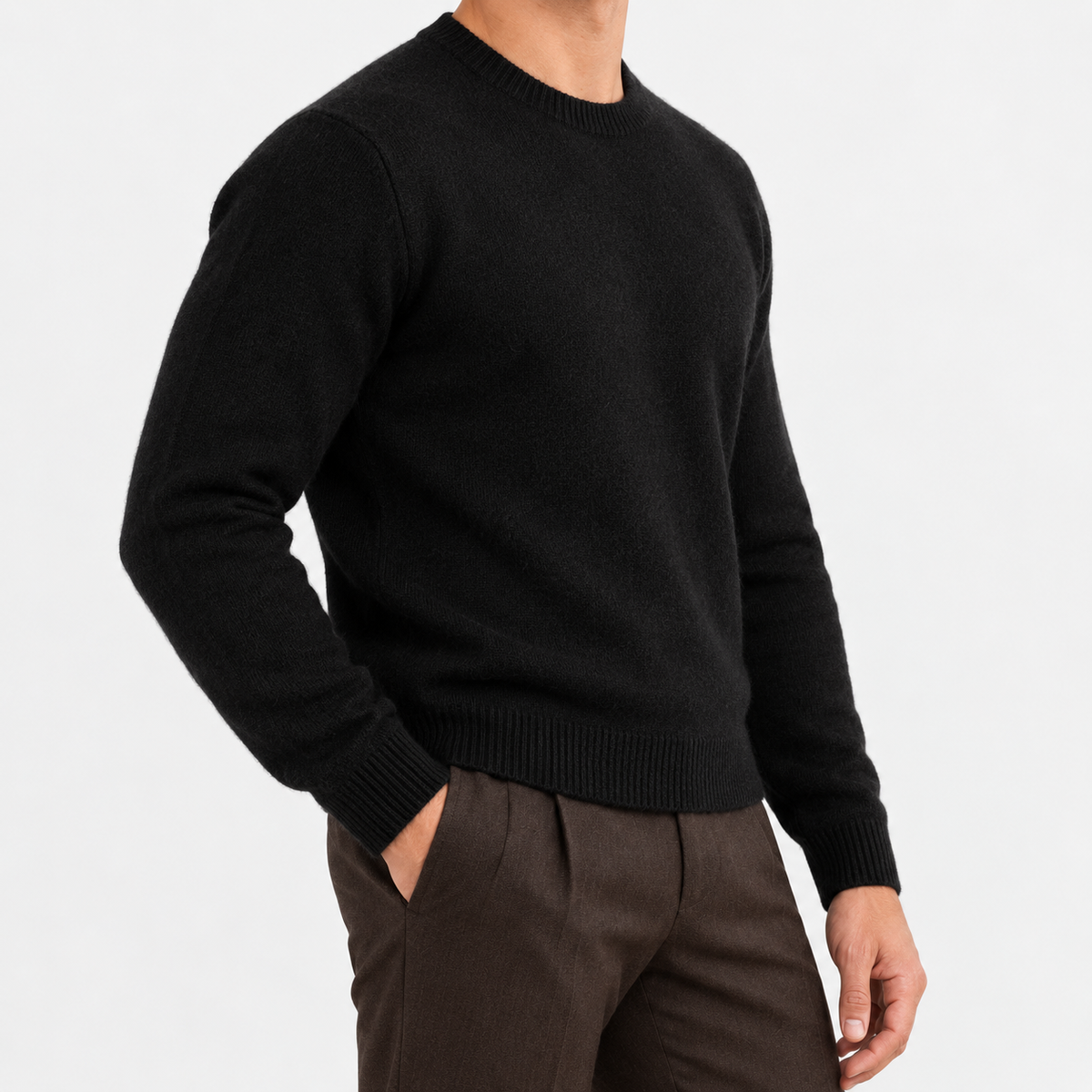 Fine knit wool crew neck sweater in black, side view on a model