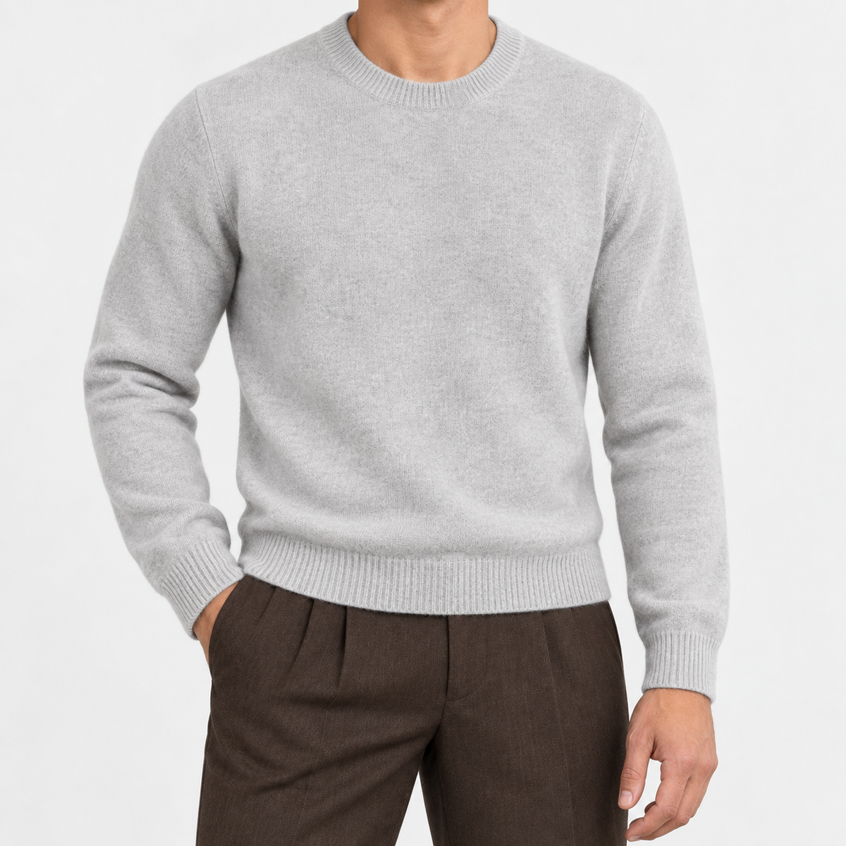 Fine knit wool crew neck sweater in light gray, front view on a model