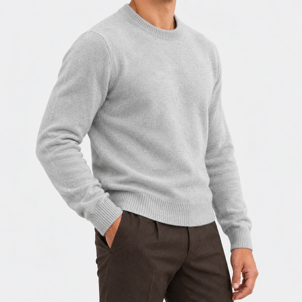 Fine knit wool crew neck sweater in light gray, side view on a model