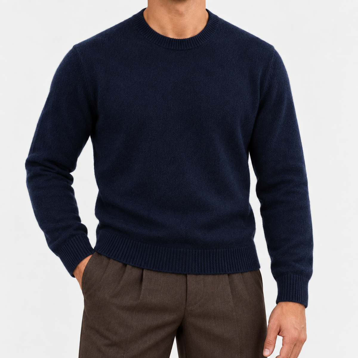 Fine knit wool crew neck sweater in navy, front view on a model
