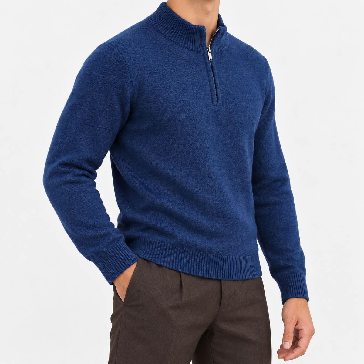 Fine knit wool quarter zip sweater in deep blue, side view on a model