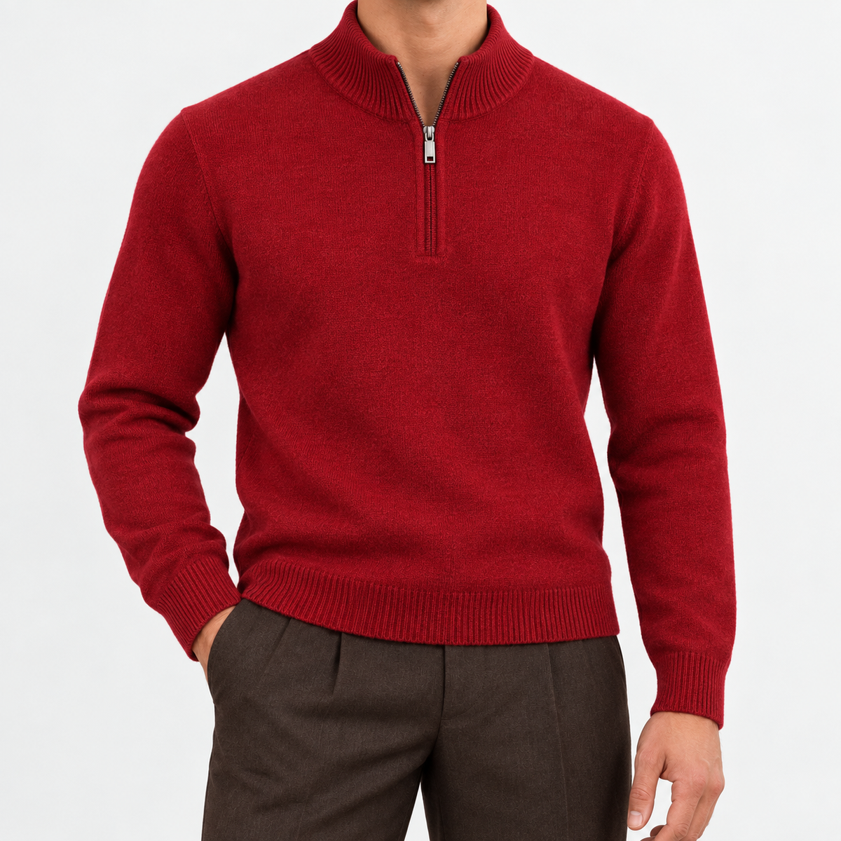 Fine knit wool quarter zip sweater in red, front view on a model