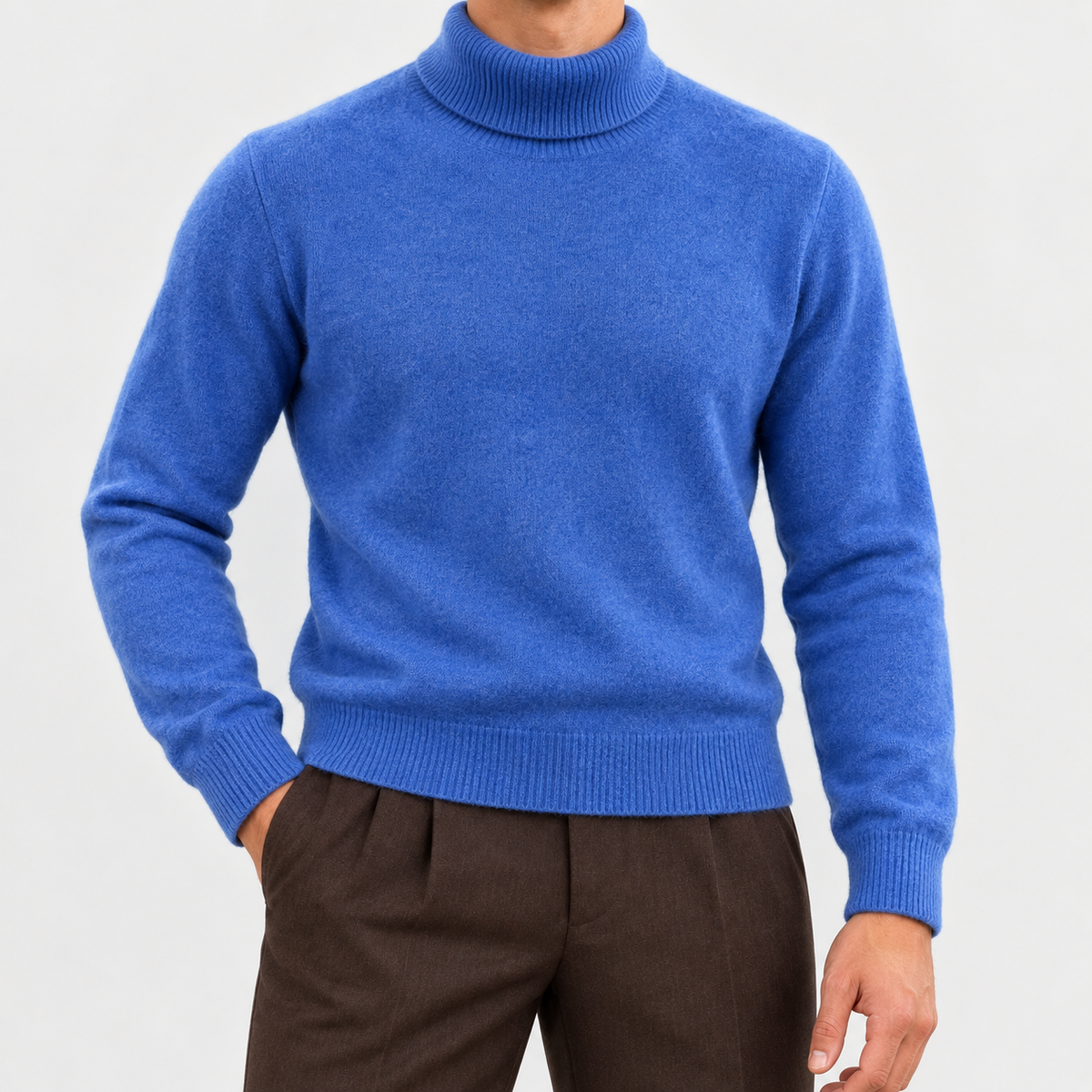 Fine knit wool turtleneck sweater in blue, front view on a model