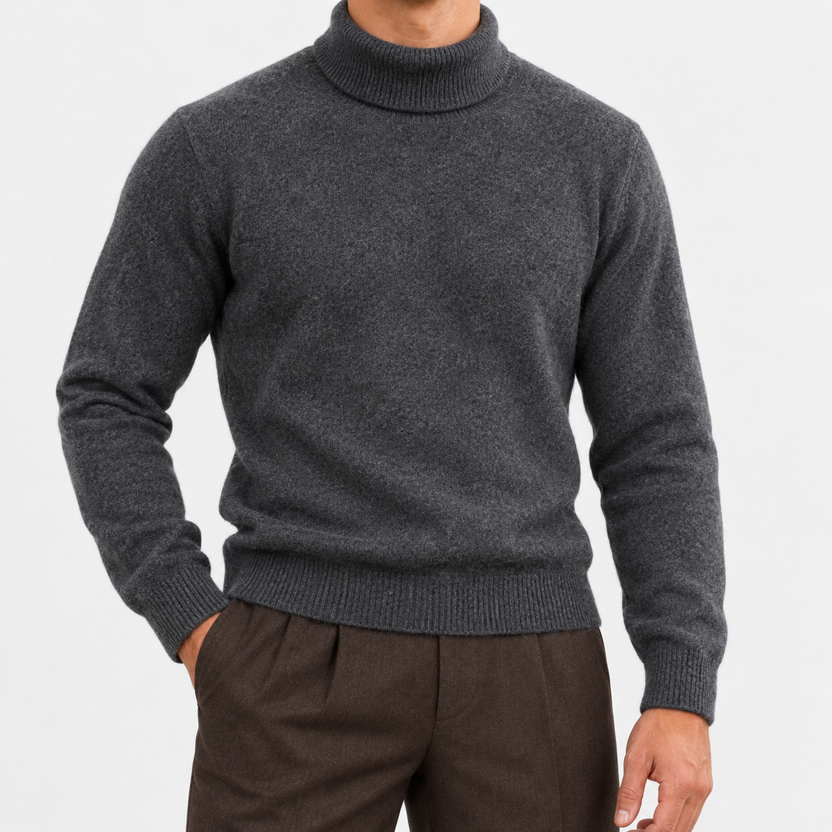 Fine knit wool turtleneck sweater in dark gray, front view on a model