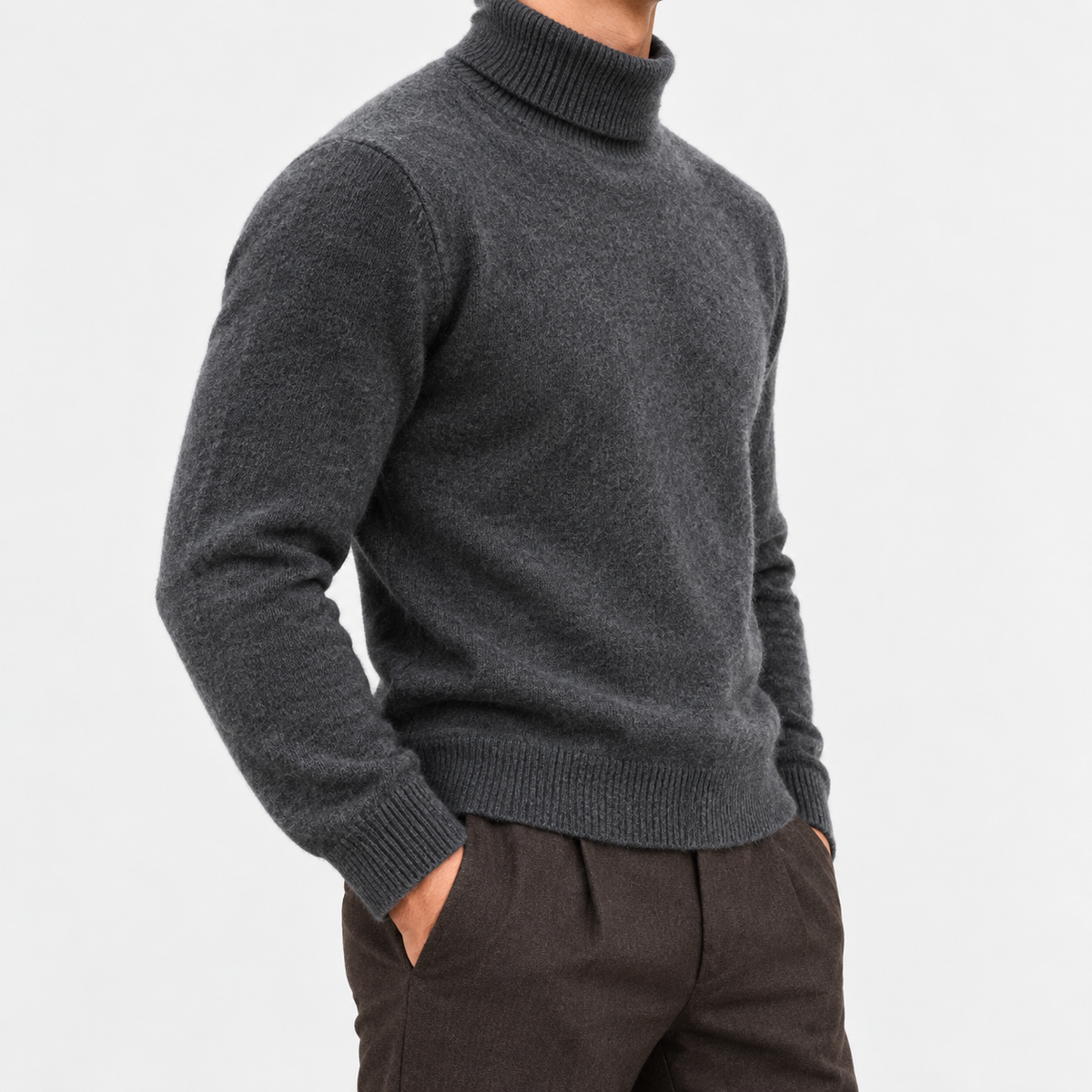 Fine knit wool turtleneck sweater in dark gray, side view on a model