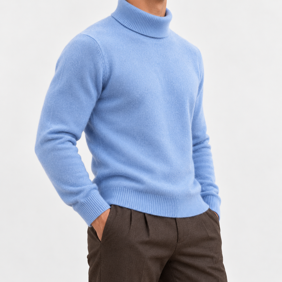 Fine knit wool turtleneck sweater in mist blue, side view on a model