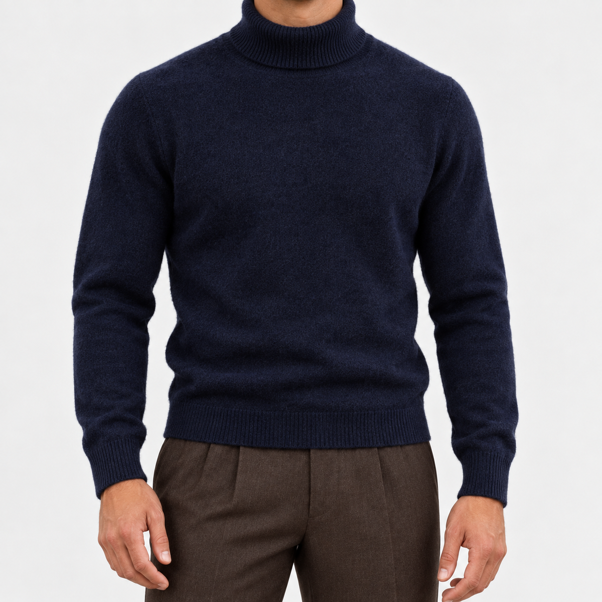 Fine knit wool turtleneck sweater in navy, front view on a model