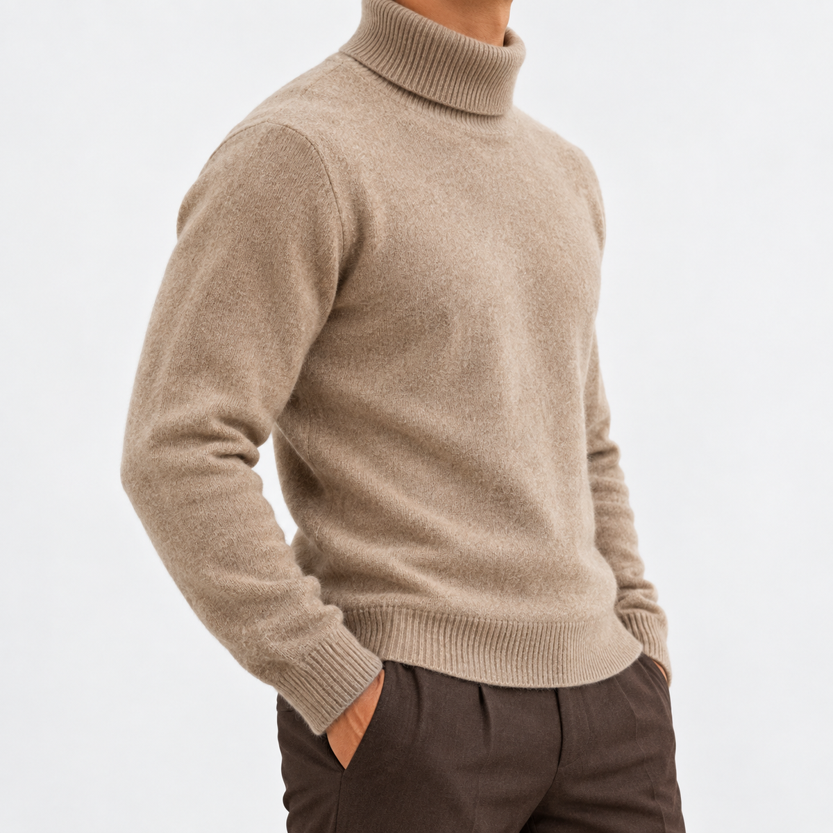 Fine knit wool turtleneck sweater in taupe, side view on a model