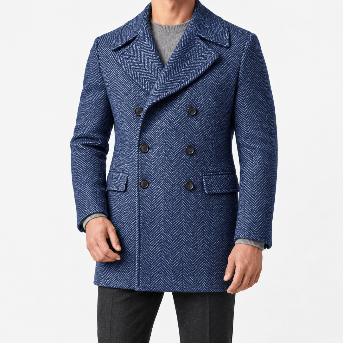 Herringbone double breasted coat with wide lapels - AntoniosClothing - Blue
