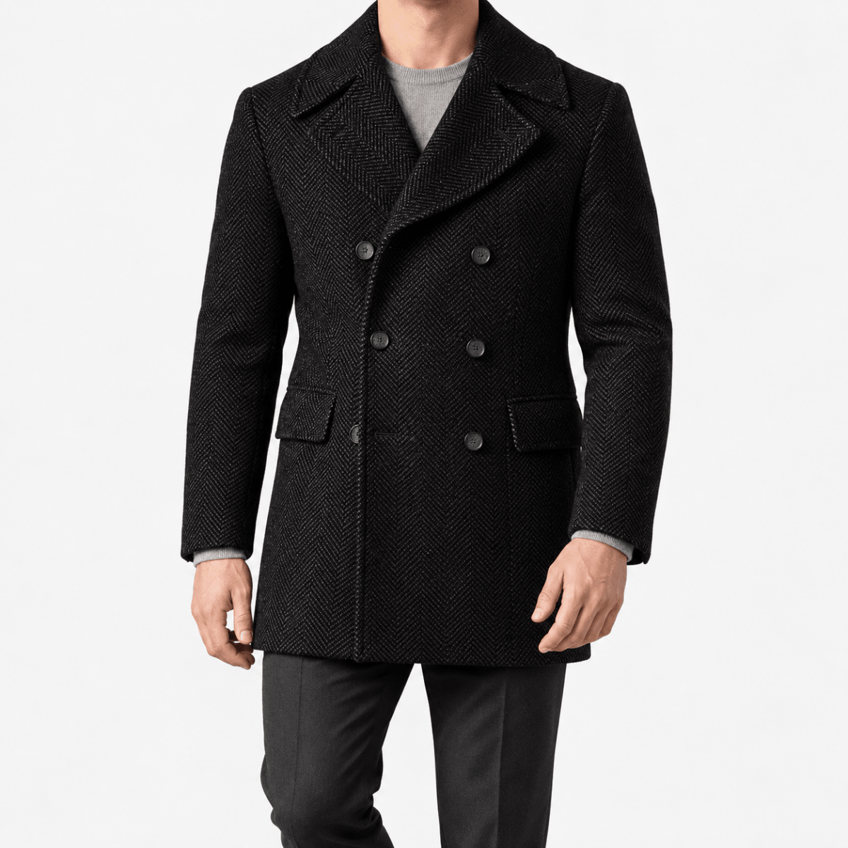 Herringbone double breasted coat with wide lapels - AntoniosClothing - Black