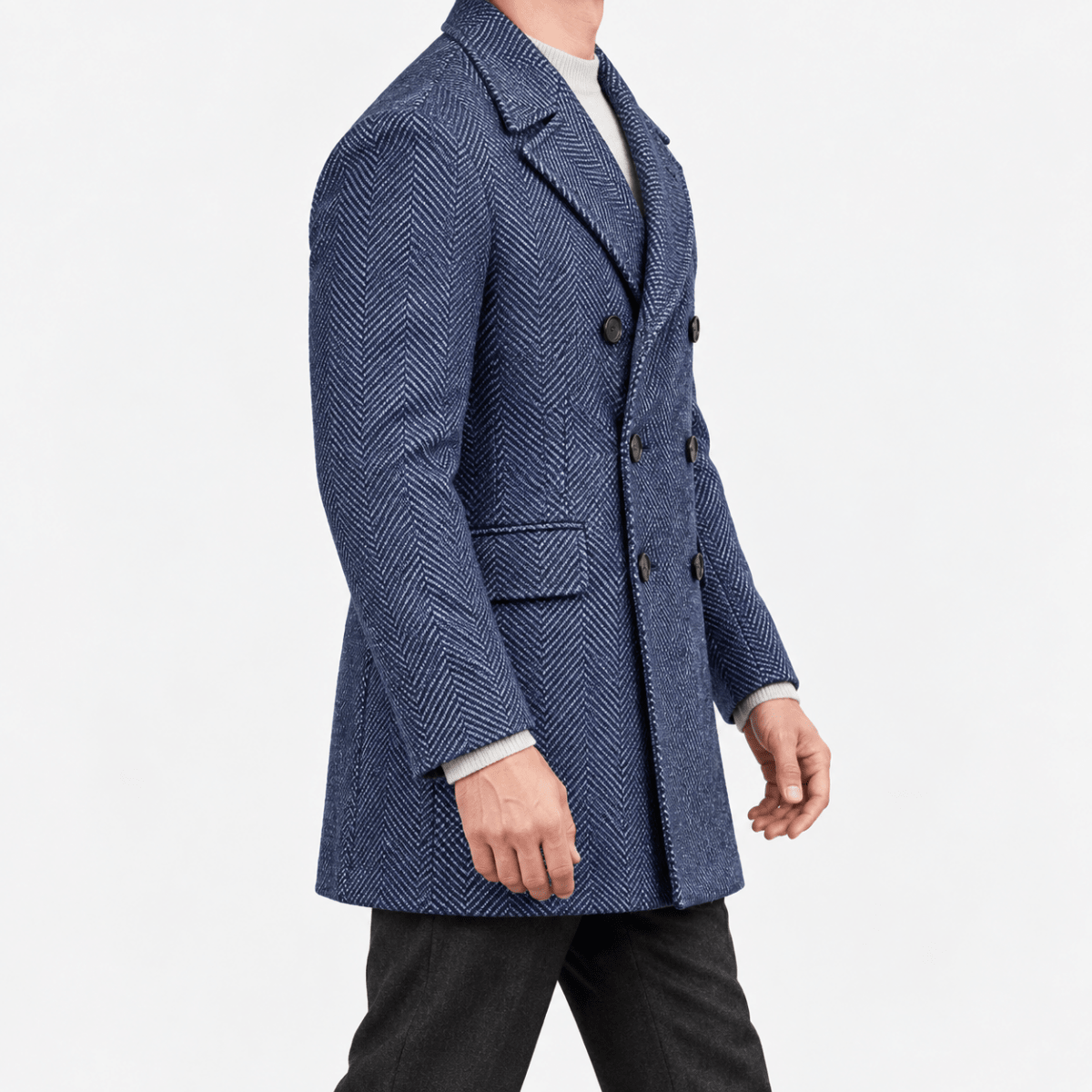 Herringbone double breasted coat with wide lapels - AntoniosClothing - Blue