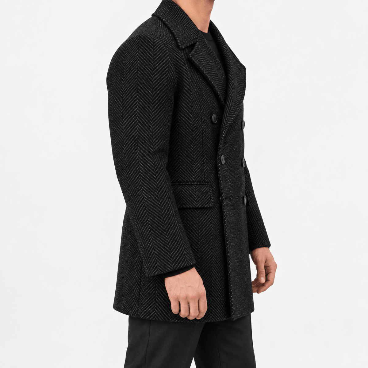 Herringbone double breasted coat with wide lapels - AntoniosClothing - Black